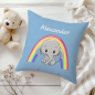 Preview: Personalisiertes Kissen für Kinder Designbeispiel hellblau Elefant Junge mit Regenbogen