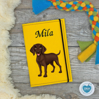 Deutsch Kurzhaar braun personalisierte Impfpasshülle Hund in gelb