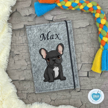 Designbeispiel der Impfpasshülle grau meliert für die Hunderasse Französische Bulldogge schwarz weiß