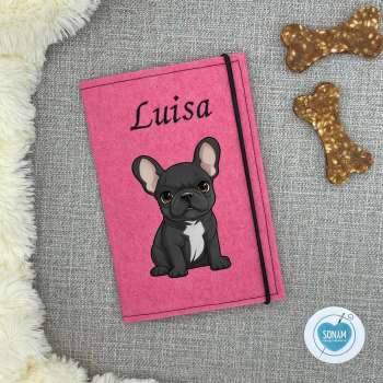 Designbeispiel der Impfpasshülle pink für die Französische Bulldogge schwarz mit weiß sitzend