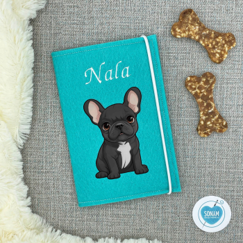 Designbeispiel der Impfpasshülle türkis hell für die Französische Bulldogge schwarz mit weiß sitzend