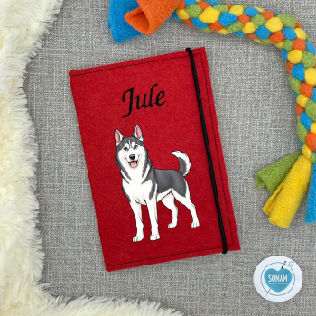 Husky grau weiß Designbeispiel in rot