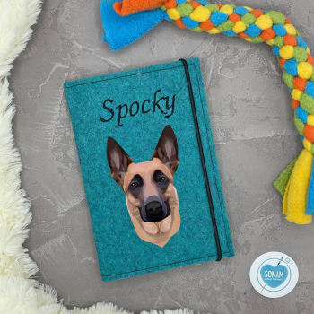 Designbeispiel der Impfpasshülle in türkis meliert für den Malinois