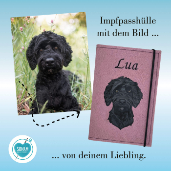 Preview: Designbeispiel der Dokumentenhülle rosenholz mit dem Bild vom eigenen Hund