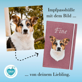 Preview: Impfpasshülle Designbeispiel rosenholz mit Bild vom eigenen Hund