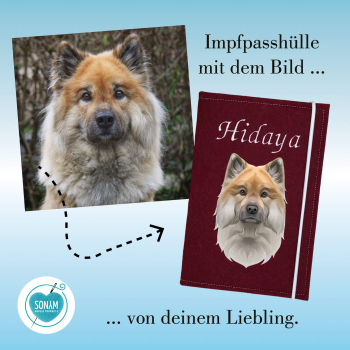 Impfpasshülle mit Foto vom Hund Designbeispiel der Hüllenfarbe bordeaux