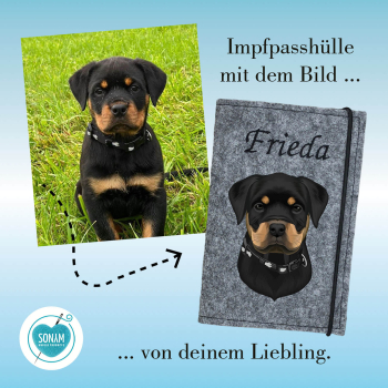 hülle für den Tierpass mit Bild vom eigenen Hund Designbeispiel grau meliert
