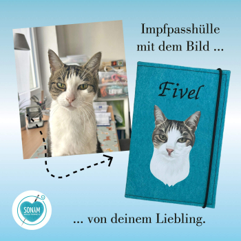 Impfpasshülle türkis mit Bild vom eigener Katze Designbeispiel