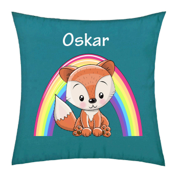 Personalisiertes Kissen für Kinder Fuchs Junge mit Regenbogen