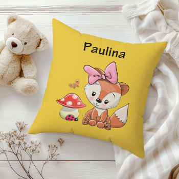 Preview: Personalisiertes Kissen für Kinder Designbeispiel gelb Fuchs mit Fliegenpilz Mädchen
