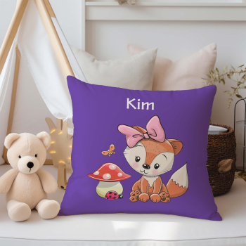 Preview: Personalisiertes Kissen für Kinder Designbeispiel lila Fuchs mit Fliegenpilz Mädchen