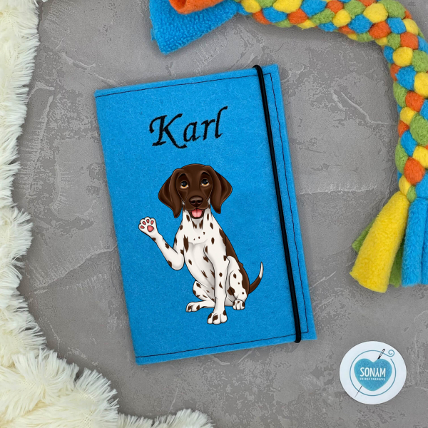 Deutsch Kurzhaar braun weiß personalisierte Impfpasshülle Hund in blau