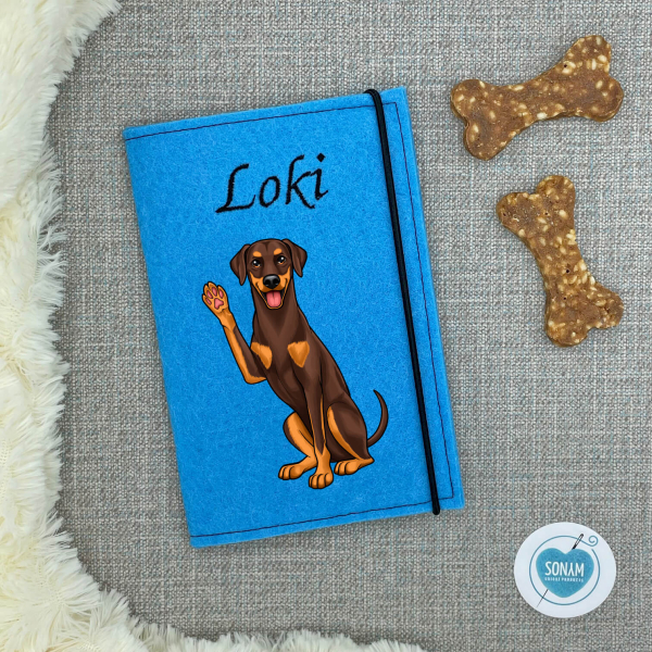 Dobermann braun personalisierte Impfpasshülle Hund in blau