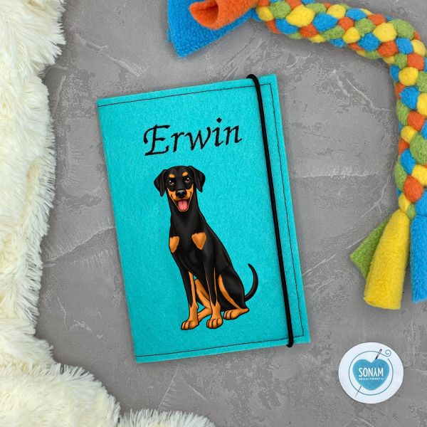 Dobermann schwarz personalisierte Impfpasshülle Hund in türkis hell