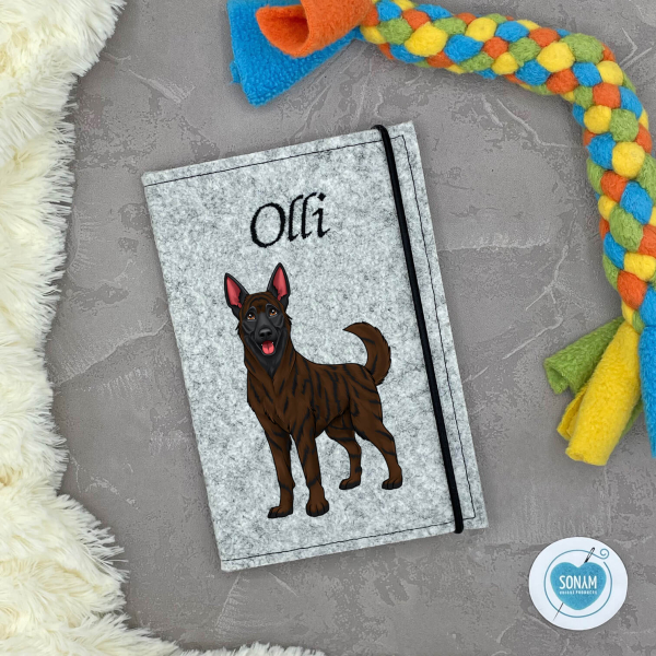 Designbeispiel der Impfpasshülle hellgrau meliert für die Hunderasse Holländischer Schäferhund kastanienbraun