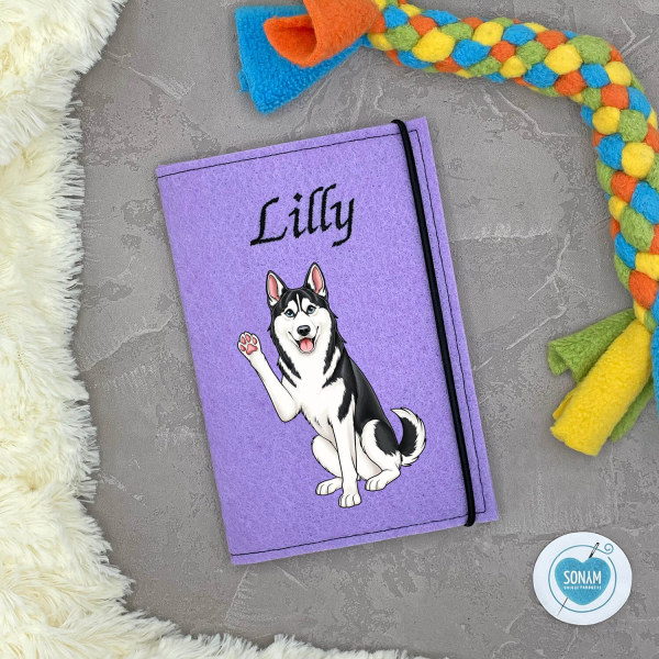 Husky schwarz weiß Designbeispiel in flieder
