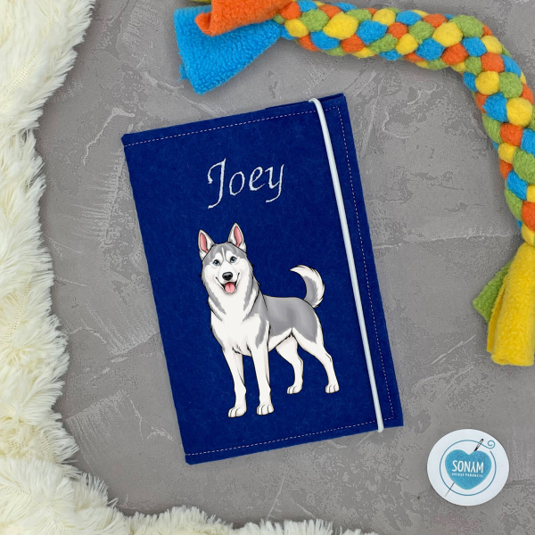 Husky silber weiß Designbeispiel in royalblau