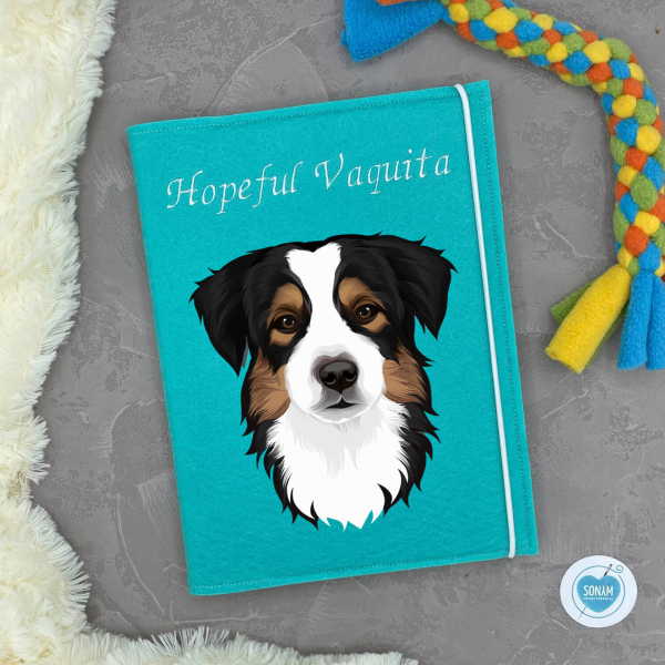 Designbeispiel der Dokumentenhülle türkis hell für die Hunderasse Australian Shepherd black tri