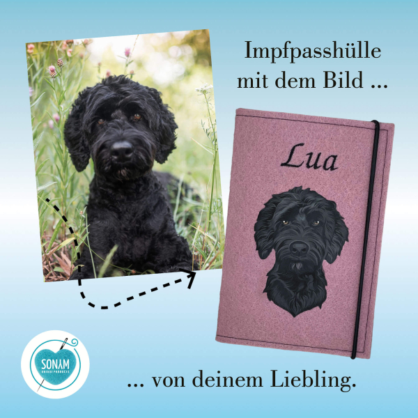 Designbeispiel der Dokumentenhülle rosenholz mit dem Bild vom eigenen Hund