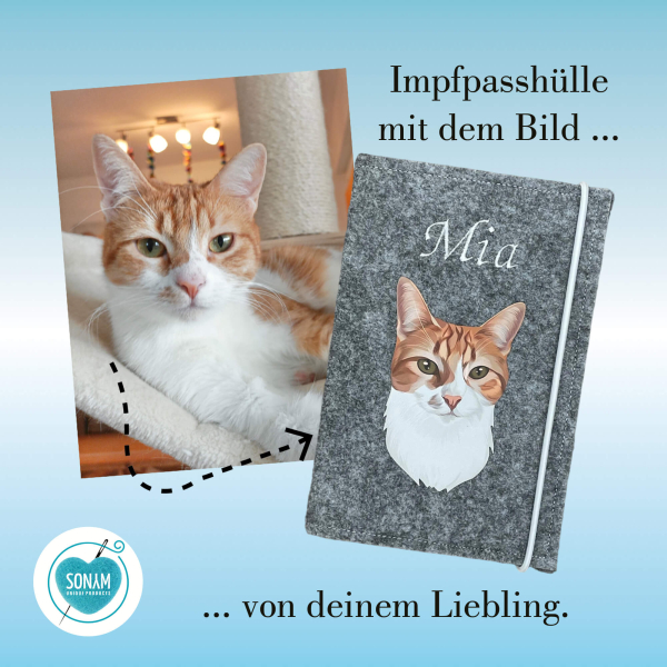 Imfpasshülle mit dem Bild von der eigenen Katze Designbeispiel grau meliert