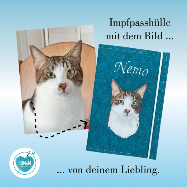Impfpasshülle mit dem Bild von der eigenen Katze Designbeispiel türkis
