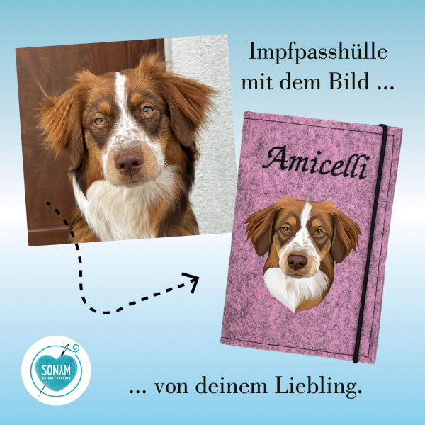 Designbeispiel der Dokumentenhülle rosenholz meliert mit dem Bild vom eigenen Hund