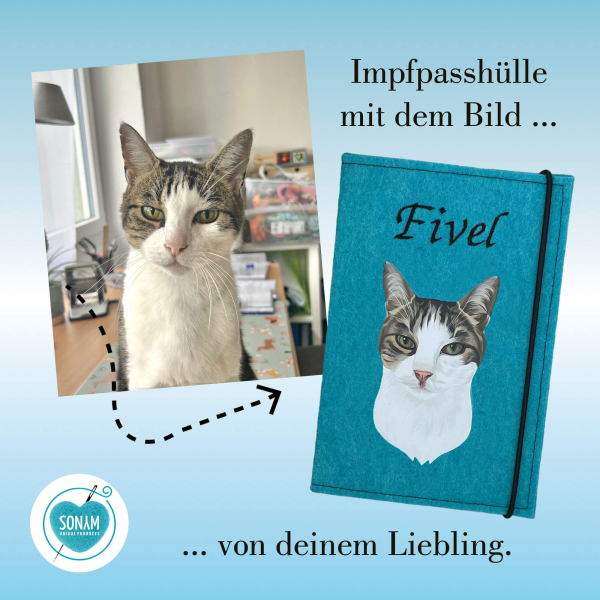 Impfpasshülle türkis mit Bild vom eigener Katze Designbeispiel