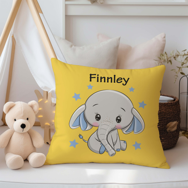 Personalisiertes Kissen für Kinder Designbeispiel gelb Elefant mit Sternen für Jungs